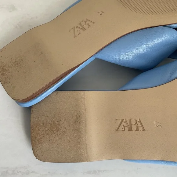 Zara Blue Leather Square Toe Flat Cross Strap Sandals - Picture 6 of 8